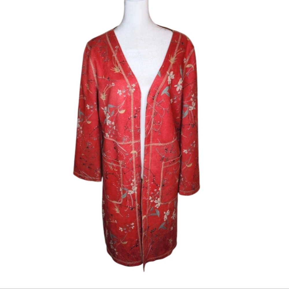 Solitaire Red Floral Open Long Line Microsuede Jacket Size M
